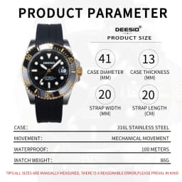 DEESIO Men's Luxury Full Automatic Mechanical Watch, Black-Golden Dial, Luminous Self-Winding, Date Calendar, High-Hardness Mineral Glass, Soft Silicone Rubber SweatproofStrap,Upgrade 100M Water Resistant, Business Casual Sport Analog Round Gift for Men