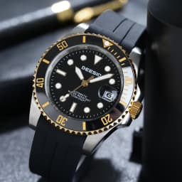 DEESIO Men's Luxury Full Automatic Mechanical Watch, Black-Golden Dial, Luminous Self-Winding, Date Calendar, High-Hardness Mineral Glass, Soft Silicone Rubber SweatproofStrap,Upgrade 100M Water Resistant, Business Casual Sport Analog Round Gift for Men