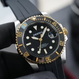 DEESIO Men's Luxury Full Automatic Mechanical Watch, Black-Golden Dial, Luminous Self-Winding, Date Calendar, High-Hardness Mineral Glass, Soft Silicone Rubber SweatproofStrap,Upgrade 100M Water Resistant, Business Casual Sport Analog Round Gift for Men