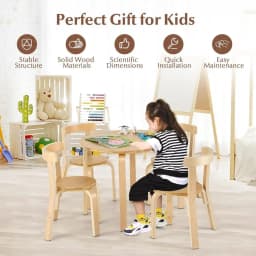 5-Piece Wooden Kids Desk & Chairs Set with Toy Bricks - Ideal for Playroom, Classroom, Daycare | Educational, Durable, Natural,