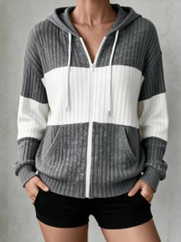 Women Color Block Zip Up Hooded Knit Cardigan Long Sleeve Drawstring Hoodie Casual Loose Fit Outerwear Jacket For Daily Wear