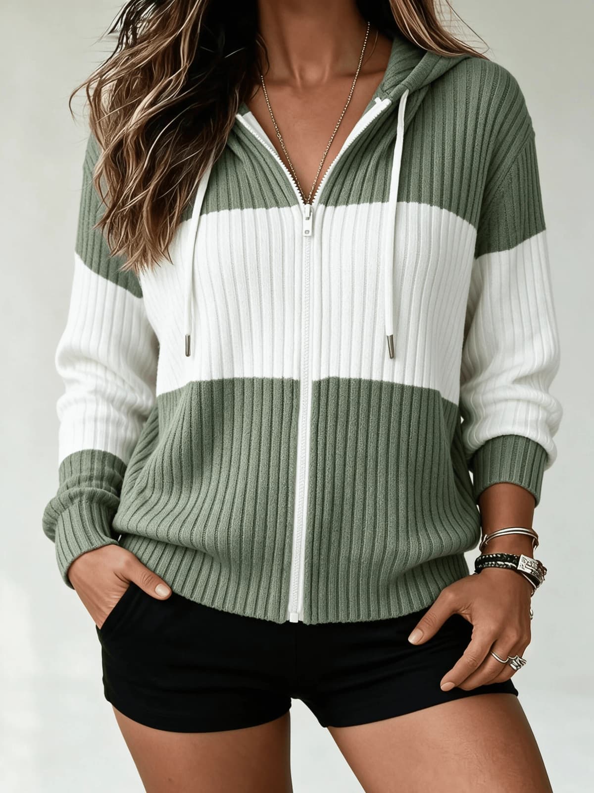 Women Color Block Zip Up Hooded Knit Cardigan Long Sleeve Drawstring Hoodie Casual Loose Fit Outerwear Jacket For Daily Wear