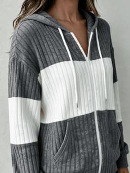 Women Color Block Zip Up Hooded Knit Cardigan Long Sleeve Drawstring Hoodie Casual Loose Fit Outerwear Jacket For Daily Wear
