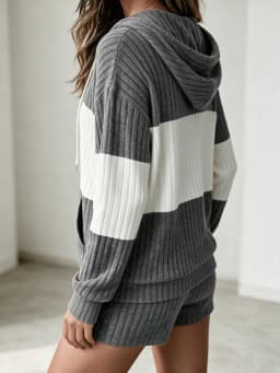 Women Color Block Zip Up Hooded Knit Cardigan Long Sleeve Drawstring Hoodie Casual Loose Fit Outerwear Jacket For Daily Wear