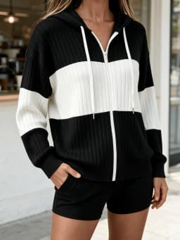 Women Color Block Zip Up Hooded Knit Cardigan Long Sleeve Drawstring Hoodie Casual Loose Fit Outerwear Jacket For Daily Wear