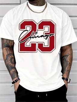 Chicago 23 Number Graphic T‑Shirt, Vintage Varsity Red 23 Chicago Signature Print Short Sleeve Tee, Retro Basketball Streetwear Casual T‑Shirt for Men