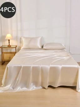 4pcs Light Gray Premium Solid Color Silky Satin Bedding Set, 1pc Fitted Sheet & 1pc Flat Sheet & 2pcs Pillowcases Mattress Protector Set (Pillow Inserts Not Included) sf2404270329665753