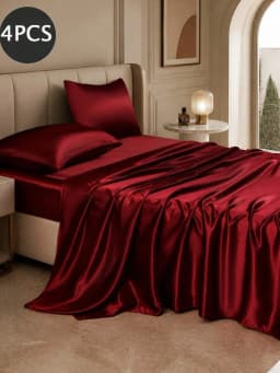 4pcs Light Gray Premium Solid Color Silky Satin Bedding Set, 1pc Fitted Sheet & 1pc Flat Sheet & 2pcs Pillowcases Mattress Protector Set (Pillow Inserts Not Included) sf2404270329665753