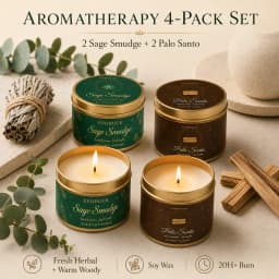 EVODUCK 4 Pack Aromatherapy Candle Set 2 Sage Smudge 2 Palo Santo Soy Wax Scented Candles in Gold Travel Tin 20H+ Burn Fresh Herbal & Warm Woody Smoke Fragrance for Meditation Yoga Spa Relaxation Home Ambience Housewarming Gift Bedroom Decor Candle