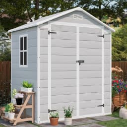 Resin Outdoor Storage Shed with Floor, Light Gray | Plastic Outside Sheds with Window, Garden Tool Shed with Lockable Door, For Patio Storage, Backyard