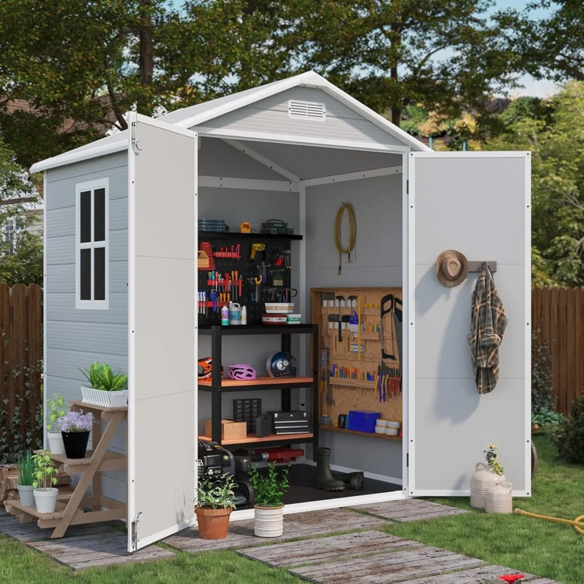 Resin Outdoor Storage Shed with Floor, Light Gray | Plastic Outside Sheds with Window, Garden Tool Shed with Lockable Door, For Patio Storage, Backyard