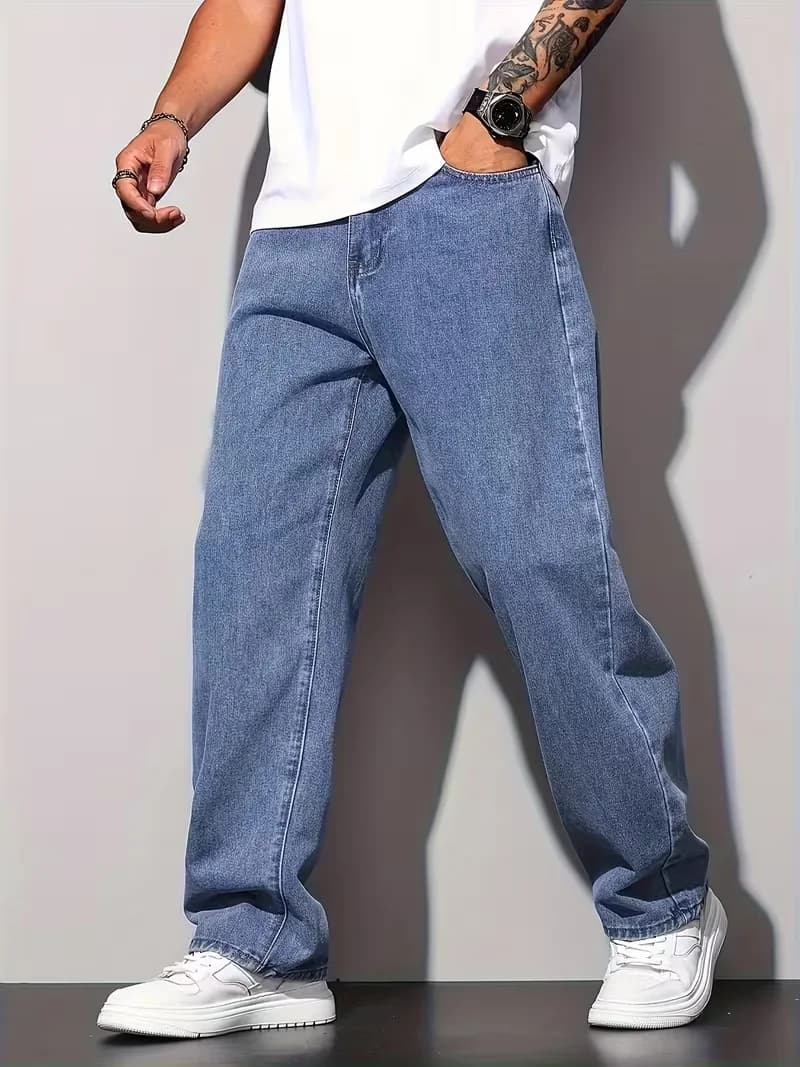 2025 New Men's Casual Wide-Leg Jeans - Cotton Blend/Machine Washable, All-Season Comfort, Solid Color, 380g/m² High-End Denim Fabric