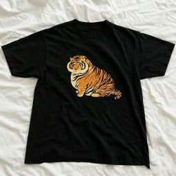 Unisex Casual Loose T‑Shirt Navy Short Sleeve Top Cute Oriental Tiger Embroidery Kawaii Animal Soft Grunge Daily Wear Tees
