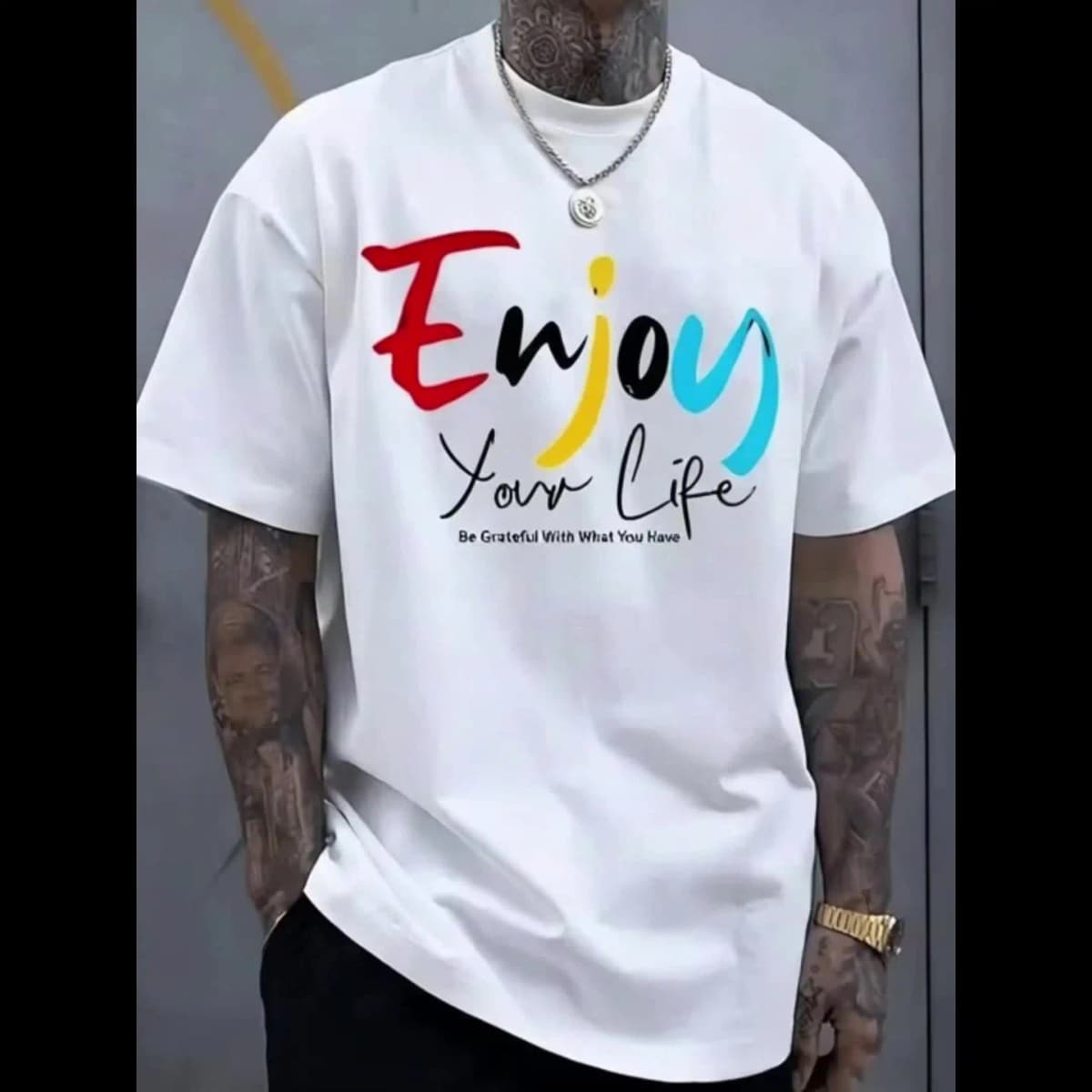 Men's 100% Cotton White T-Shirt, Machine Washable & Fade Resistant, "Enjoy Your Life" Text Graphic Tee, Enjoy Life Style, Comfortable for American Lifestyle Gatherings, Self-Care Events, Casual Daily Wear & Wellness Events