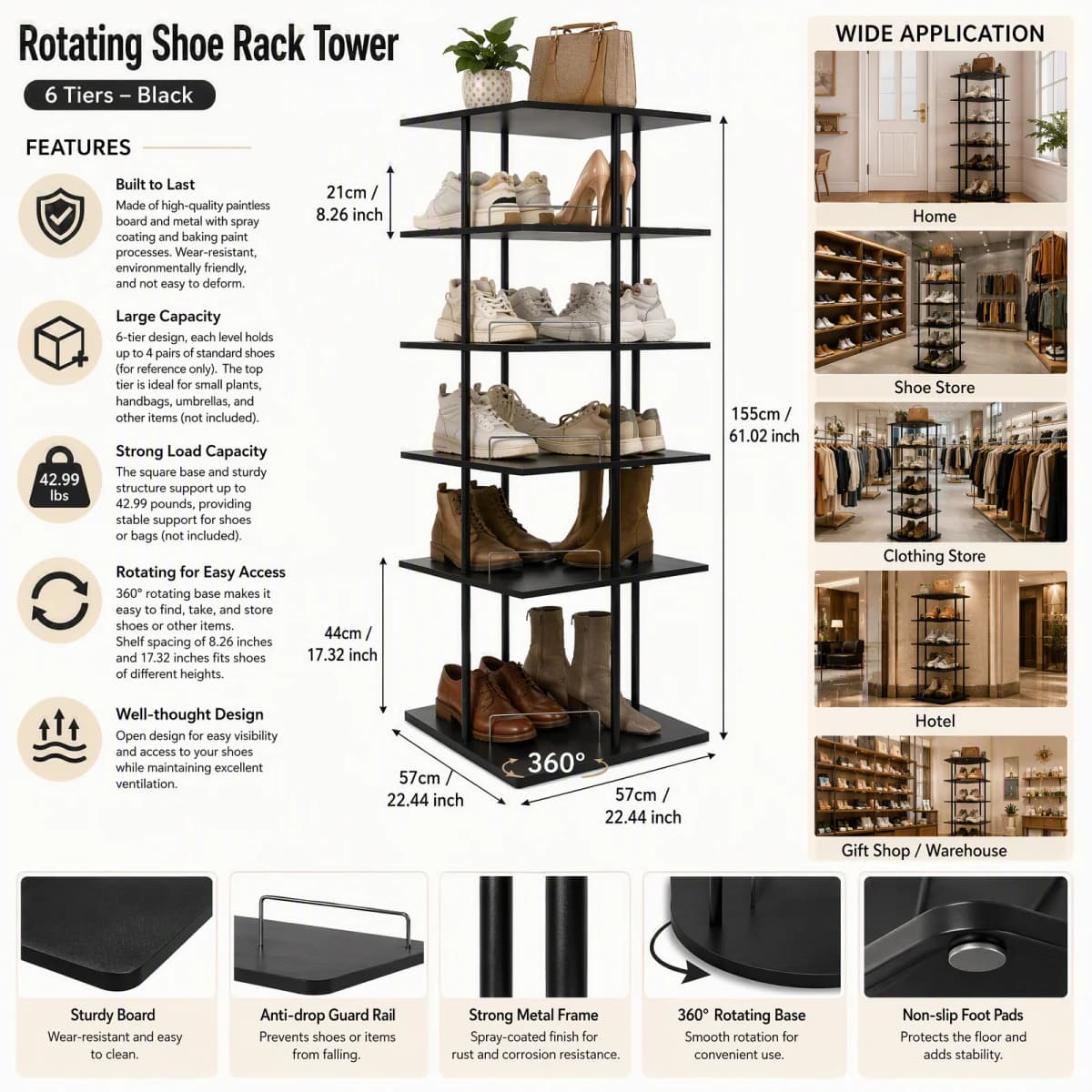 6-Tier Rotating Shoe Storage Rack 360° Swivel, Large Capacity 6-Shelf Shoe Organizer with 22.44" Square Base, 43 lbs Load for Entryway Bedroom Closet, Black