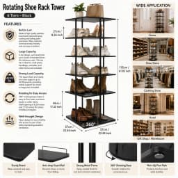 6-Tier Rotating Shoe Storage Rack 360° Swivel, Large Capacity 6-Shelf Shoe Organizer with 22.44" Square Base, 43 lbs Load for Entryway Bedroom Closet, Black