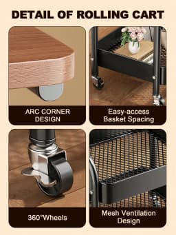 Black Rolling Cart With Desk And 360° Wheels Multi-Functional Cart Utility Rolling Cart With Desk And Wheels, Storage Cart Side Table Bathroom Organizers And Storage, Indoor And Outdoor Storage Organization Office Desk, Dorm Essentials