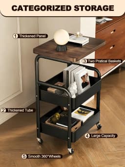 Black Rolling Cart With Desk And 360° Wheels Multi-Functional Cart Utility Rolling Cart With Desk And Wheels, Storage Cart Side Table Bathroom Organizers And Storage, Indoor And Outdoor Storage Organization Office Desk, Dorm Essentials