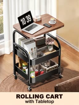 Black Rolling Cart With Desk And 360° Wheels Multi-Functional Cart Utility Rolling Cart With Desk And Wheels, Storage Cart Side Table Bathroom Organizers And Storage, Indoor And Outdoor Storage Organization Office Desk, Dorm Essentials