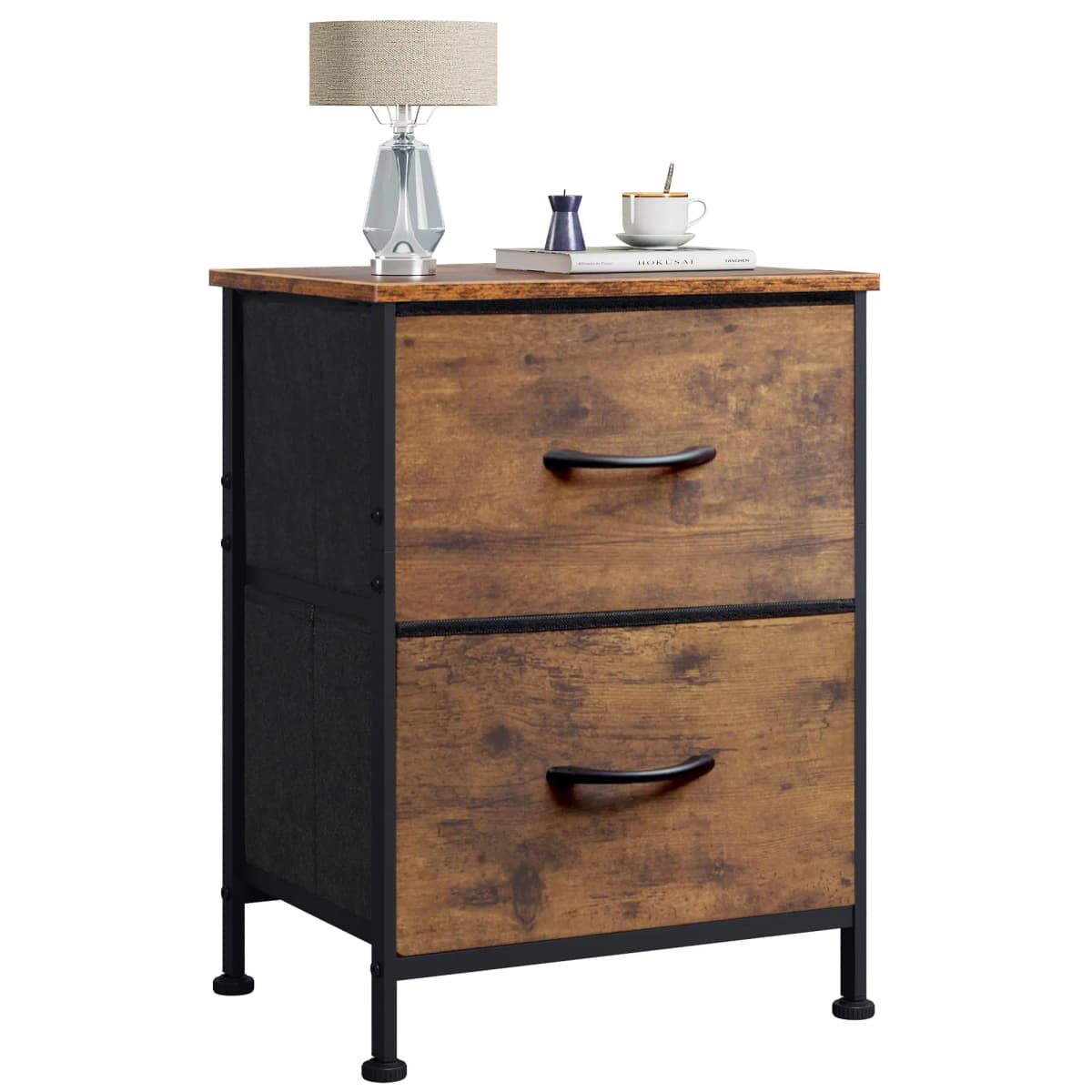 Modern Compact Bedside Table 2-Drawer Fabric Storage Nightstand Metal Frame Side End Table Soft-Close Bins Bedroom Furniture Organizer Cabinet for Small Space Living Room Dorm 2-Tier Rack (15.7x11.8x20.9in)