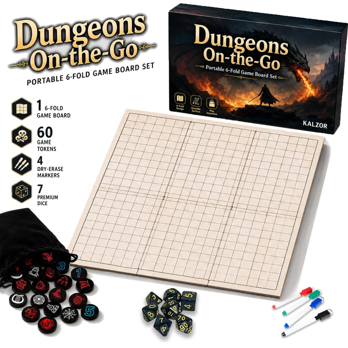 Deluxe Portable RPG Adventure Game Kit, 6-Fold Double-Sided Battle Map Board, 60pcs Premium Tokens, Polyhedral Dice Set & Dry Erase Markers for Tabletop Role Playing Games, Perfect Gift for TTRPG, Dnd Pathfinder Player