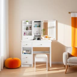 Vanity Desk Makeup Vanity Desk with Sliding Mirror and Lights, Makeup Vanity Set with Drawers, Stool and Open Shelves, 3 Color Lighting Modes Brightness Adjustable Dressing Table for Bedroom