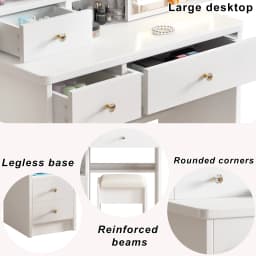 Vanity Desk Makeup Vanity Desk with Sliding Mirror and Lights, Makeup Vanity Set with Drawers, Stool and Open Shelves, 3 Color Lighting Modes Brightness Adjustable Dressing Table for Bedroom