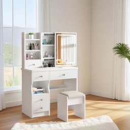 Vanity Desk Makeup Vanity Desk with Sliding Mirror and Lights, Makeup Vanity Set with Drawers, Stool and Open Shelves, 3 Color Lighting Modes Brightness Adjustable Dressing Table for Bedroom