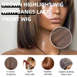 Highlight Blonde Short BOB 2X1 Lace Human Hair Wig Brazilian 1b/30 Straight Bob Bone With Bangs For Women Pre Plucked Natural Hairline Wig 180% Density 12Inch