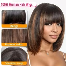 Highlight Blonde Short BOB 2X1 Lace Human Hair Wig Brazilian 1b/30 Straight Bob Bone With Bangs For Women Pre Plucked Natural Hairline Wig 180% Density 12Inch