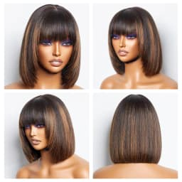 Highlight Blonde Short BOB 2X1 Lace Human Hair Wig Brazilian 1b/30 Straight Bob Bone With Bangs For Women Pre Plucked Natural Hairline Wig 180% Density 12Inch