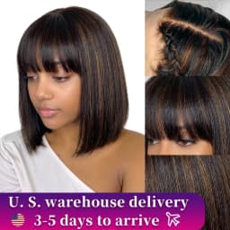 Highlight Blonde Short BOB 2X1 Lace Human Hair Wig Brazilian 1b/30 Straight Bob Bone With Bangs For Women Pre Plucked Natural Hairline Wig 180% Density 12Inch