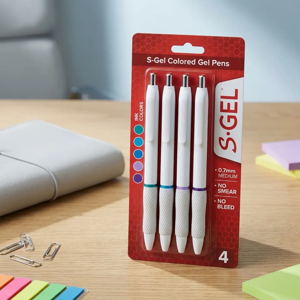 4 Pack 0.7mm Medium Point Gel Pens, Assorted Bright Vivid Ink Colors, No Smear No Bleed Smooth Writing, Contoured Rubber Grip, Sleek Pearl‑White Body, Office & Art Stationery