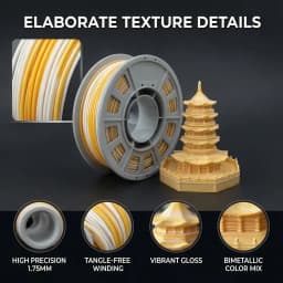 Dual-Color Co-Extruded PLA 3D Printer Filament, 1.75mm, 300g Spool, Yellow and White Silk Shine FDM Printing Material