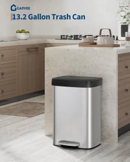 13 Gal / 50L Stainless Steel Step Trash Can – Soft Close Plastic Lid, Liner Rim, Rear Handle, Rustproof Kitchen Garbage Bin, Silver