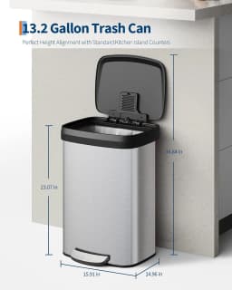 13 Gal / 50L Stainless Steel Step Trash Can – Soft Close Plastic Lid, Liner Rim, Rear Handle, Rustproof Kitchen Garbage Bin, Silver