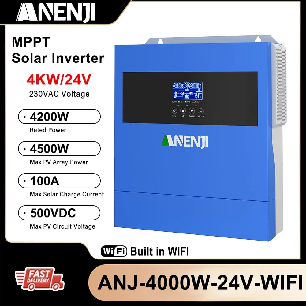 4KW 24V Solar Inverter Hybrid  Pure Sine Wave MPPT 100A Work Without Battery For PV 60-500VDC With WIFI ﻿