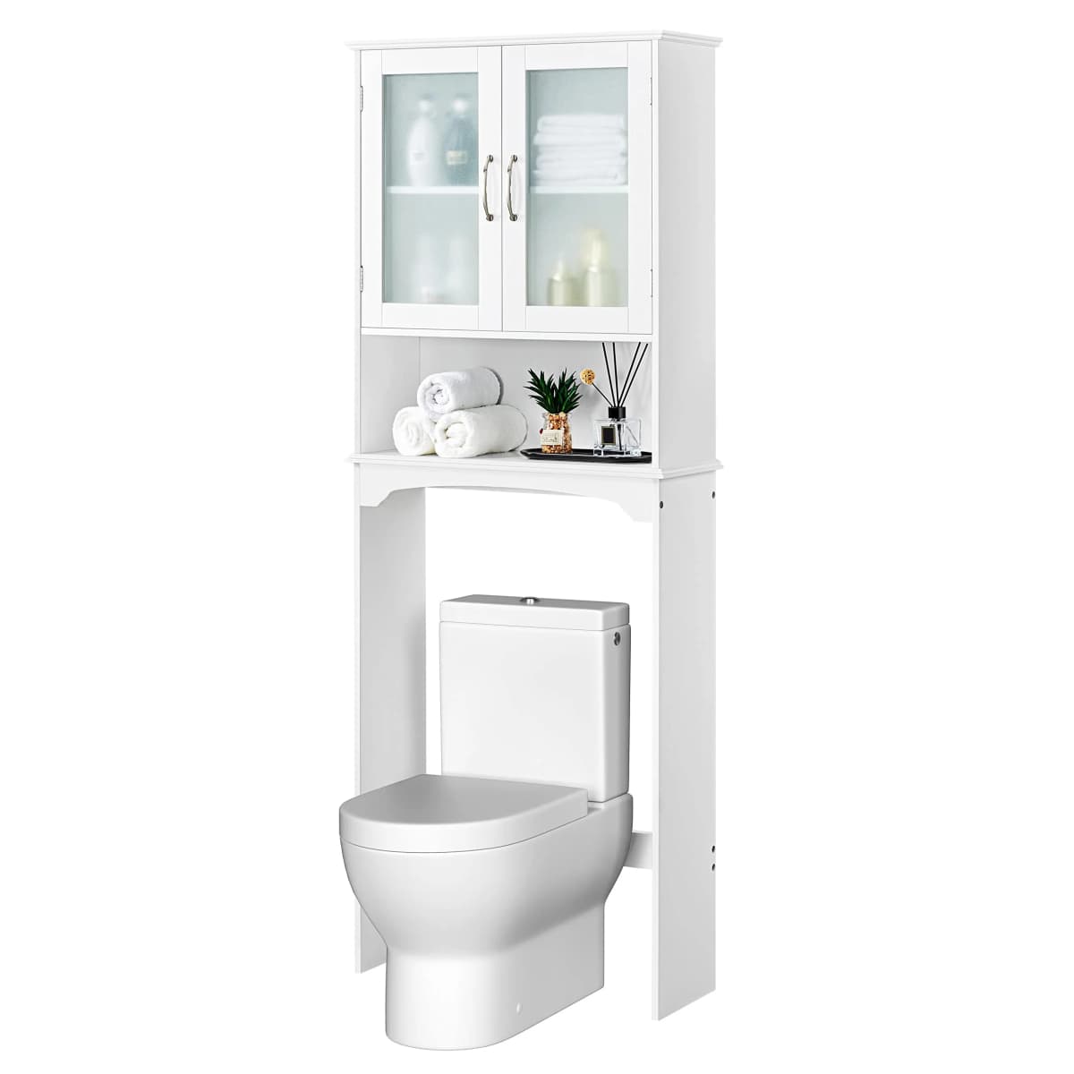 Over The Toilet Storage Cabinet with Adjustable Shelves and Double Glass Doors, Freestanding Bathroom Organizer, White