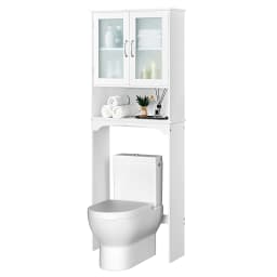 Over The Toilet Storage Cabinet with Adjustable Shelves and Double Glass Doors, Freestanding Bathroom Organizer, White