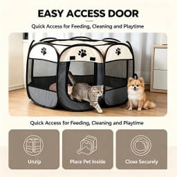 Foldable Pet Playpen with Zipper Door & Mesh Panels, Portable Indoor/Outdoor Kennel for Cats, Dogs