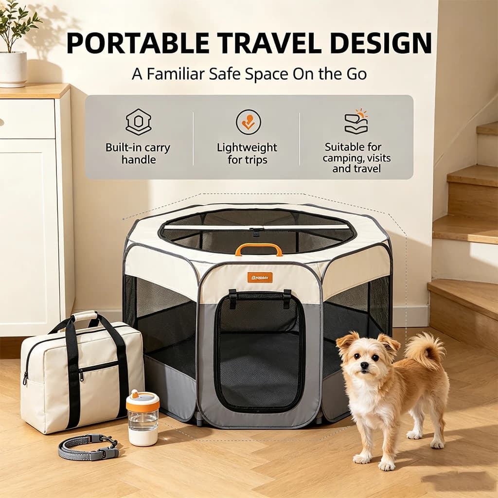 Foldable Pet Playpen with Zipper Door & Mesh Panels, Portable Indoor/Outdoor Kennel for Cats, Dogs