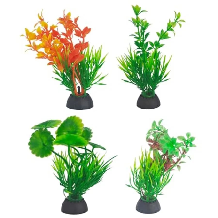 4PCS 4 Inches Tall Seaweed Grass Artificial Aquarium Plants for Freshwater and Saltwater Tanks, Plastic, Green Orange, Realisti