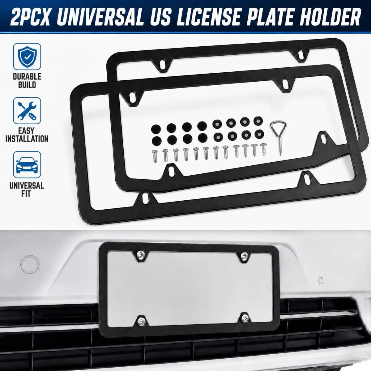 2 Pcs Stainless Steel Metal US-Spec Car License Plate Frame Tag Cover Screws and Wrench US Size High Quality Waterproof Anti-corrosion Plate
