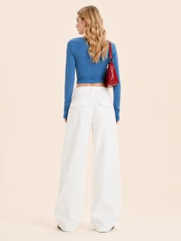 Women's White Wide Leg Jeans, High Waist Loose Baggy Denim Pants Casual Solid Color Full Length Palazzo Trousers with Pockets for Daily Street Shopping
