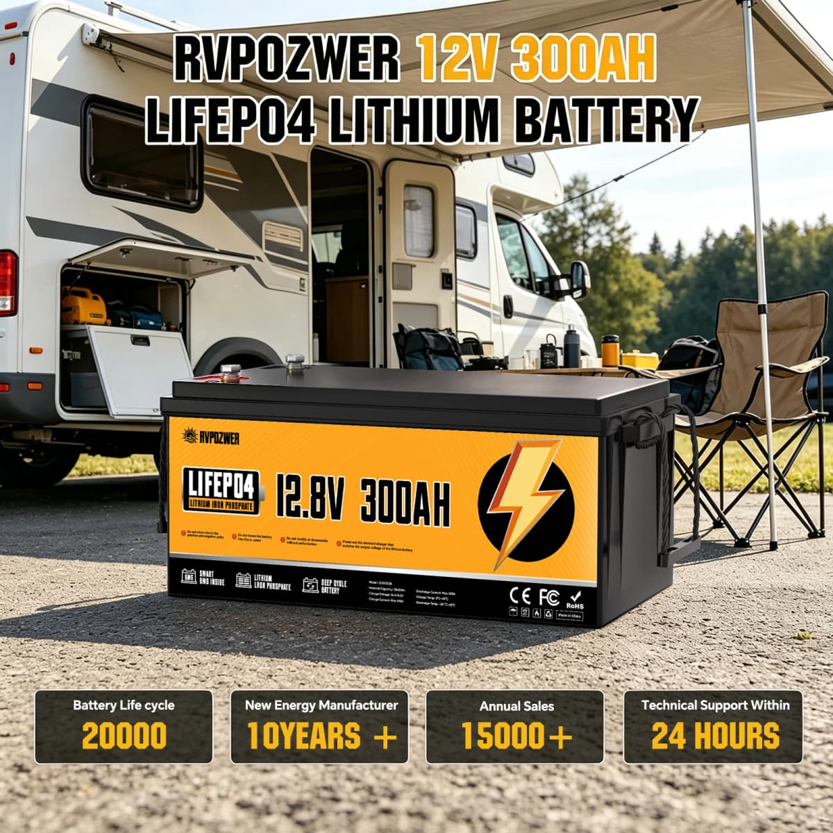 RVPOZWER LiFePO4 Battery 12V 300Ah 3840WH with Smart BMS 15000Cycles Portable Battery Pack for Home Energy RV Trolling Motor
