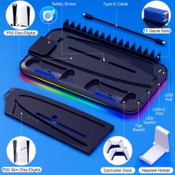 BEBONCOOL S2000 PS5 Slim Stand | 3-Gear Cooling RGB Light Dual Charger 15 Game Slot Headset Holder for Disc/Digital Pro Gaming