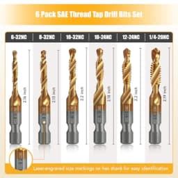 6 Pack Combination Drill and Tap Set Professional HSS Titanium Thread Tap Drill Bit Set in SAE 6-32nc 8-32nc 10-32nc 10-24nc 12