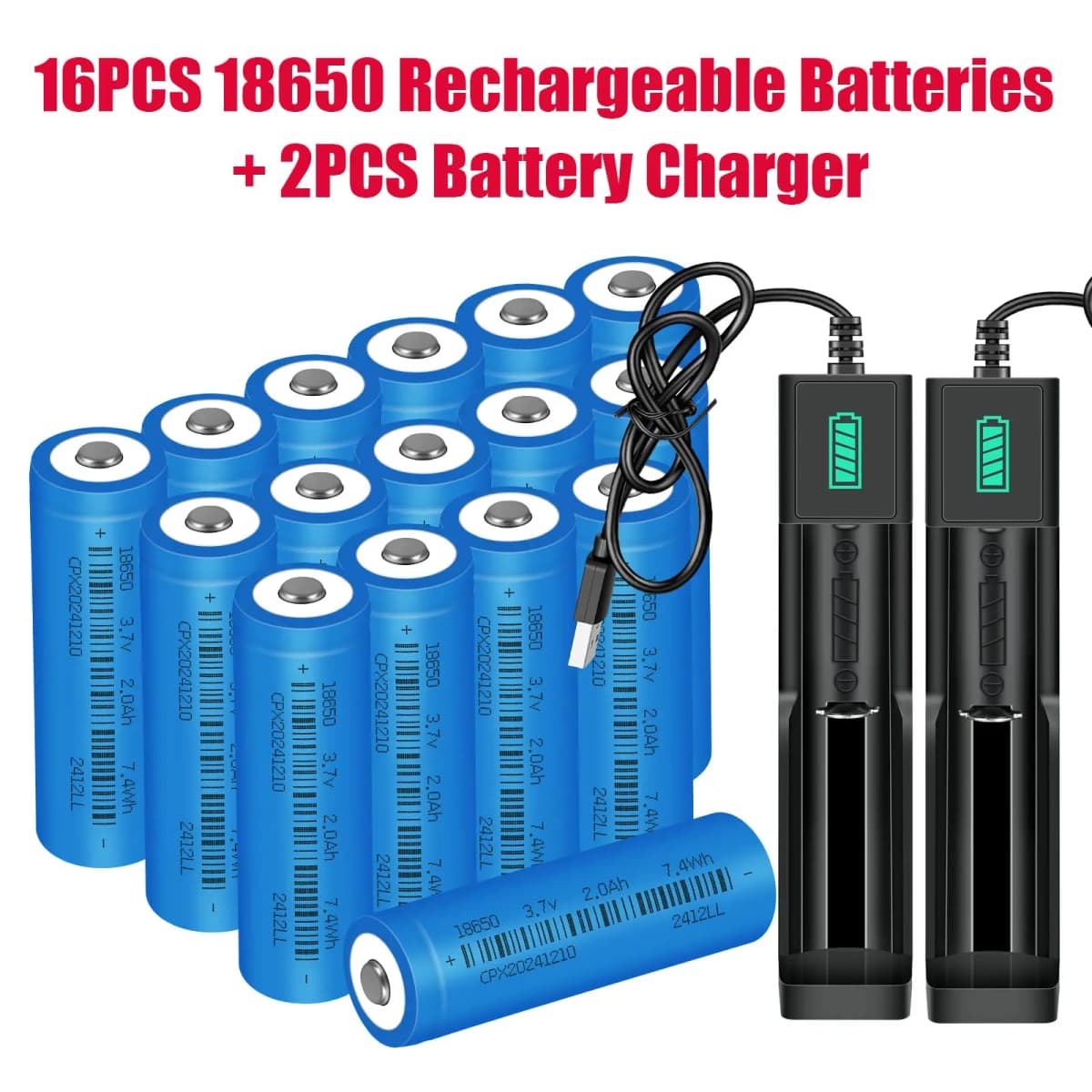 16PCS Button Top 18650 Battery And 2PCS Battery Charger, 2000mAh 3.7V Rechargeable Li-ion Batteries for Flashlight