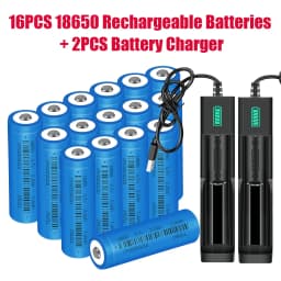 16PCS Button Top 18650 Battery And 2PCS Battery Charger, 2000mAh 3.7V Rechargeable Li-ion Batteries for Flashlight
