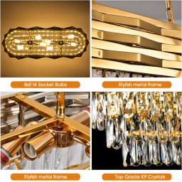Modern Gold Crystal Chandelier, Luxury Pendant Light with Adjustable Hanging Chain, Rectangular K9 Crystal 8‑Light E14 Base Ceiling Lamp for Kitchen Island Dining Room Living Room